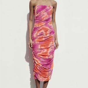 Zara print dress with tulle ruched midi womens size Large NWT